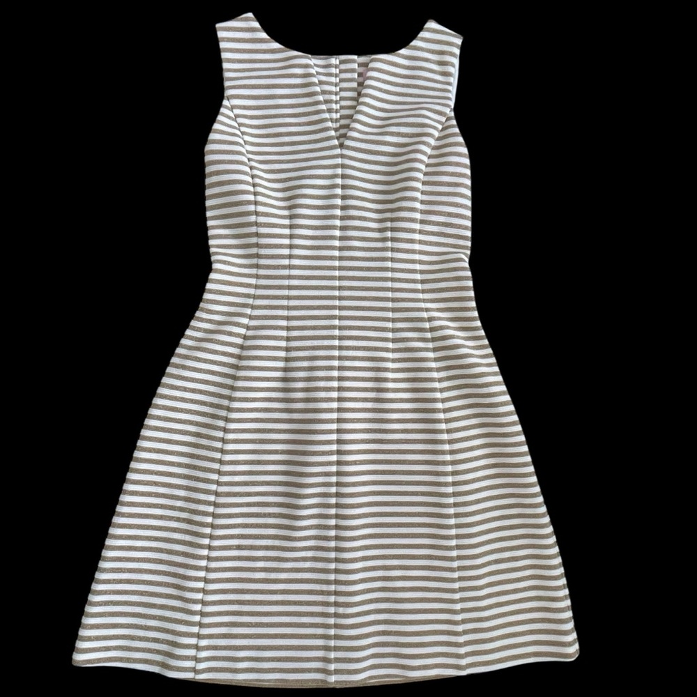 Lilly Pulitzer Cream & Gold Striped wide strap split neck tailored Mini Dress S - Picture 5 of 13